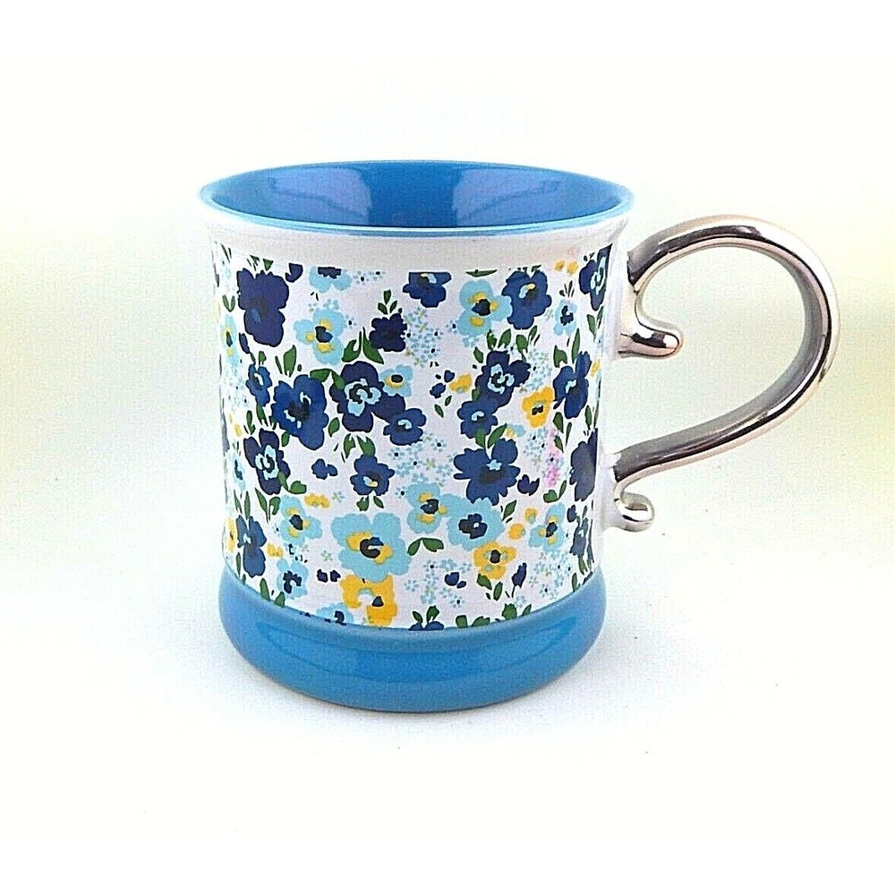 Orly Maison Floral Coffee Mug Teal Gold Handle 16 Oz